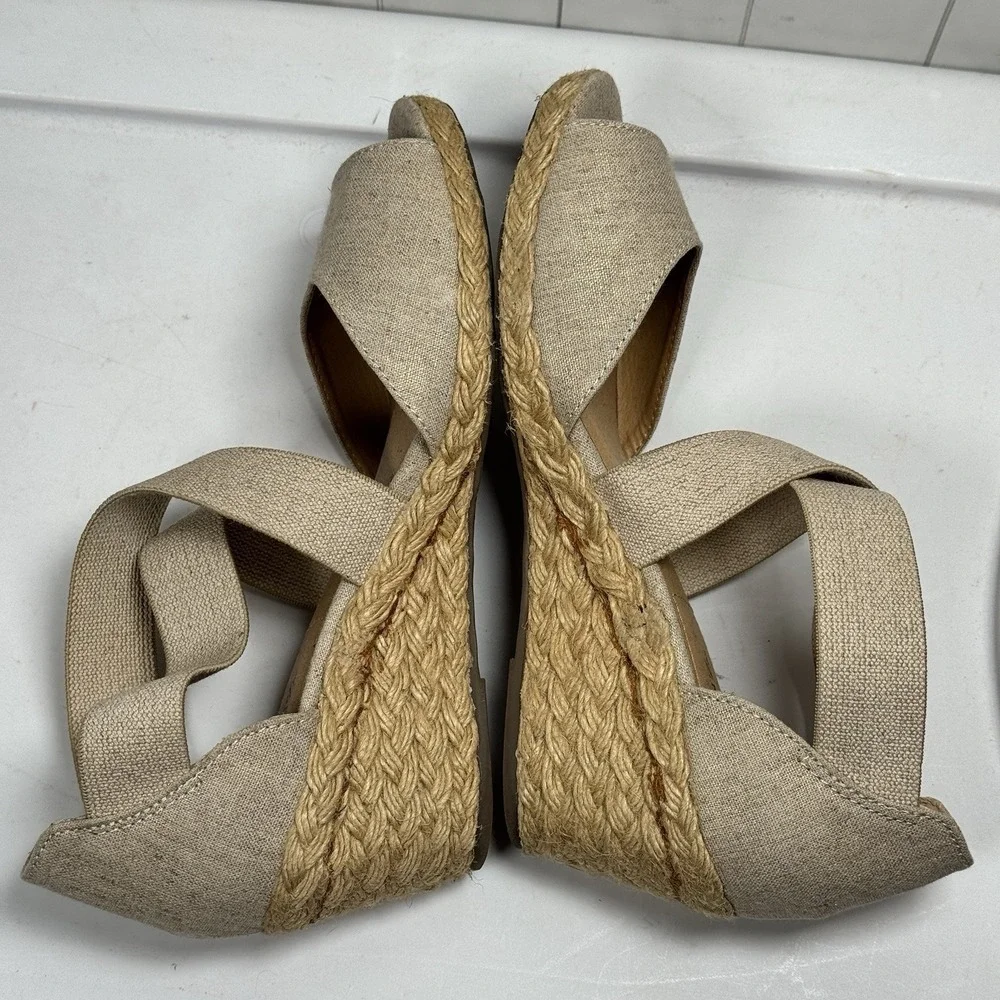 Solanz US 8.5M Helena‎ Espadrille Wedges Strappy Sandals Beige Canvas Chic Shoes